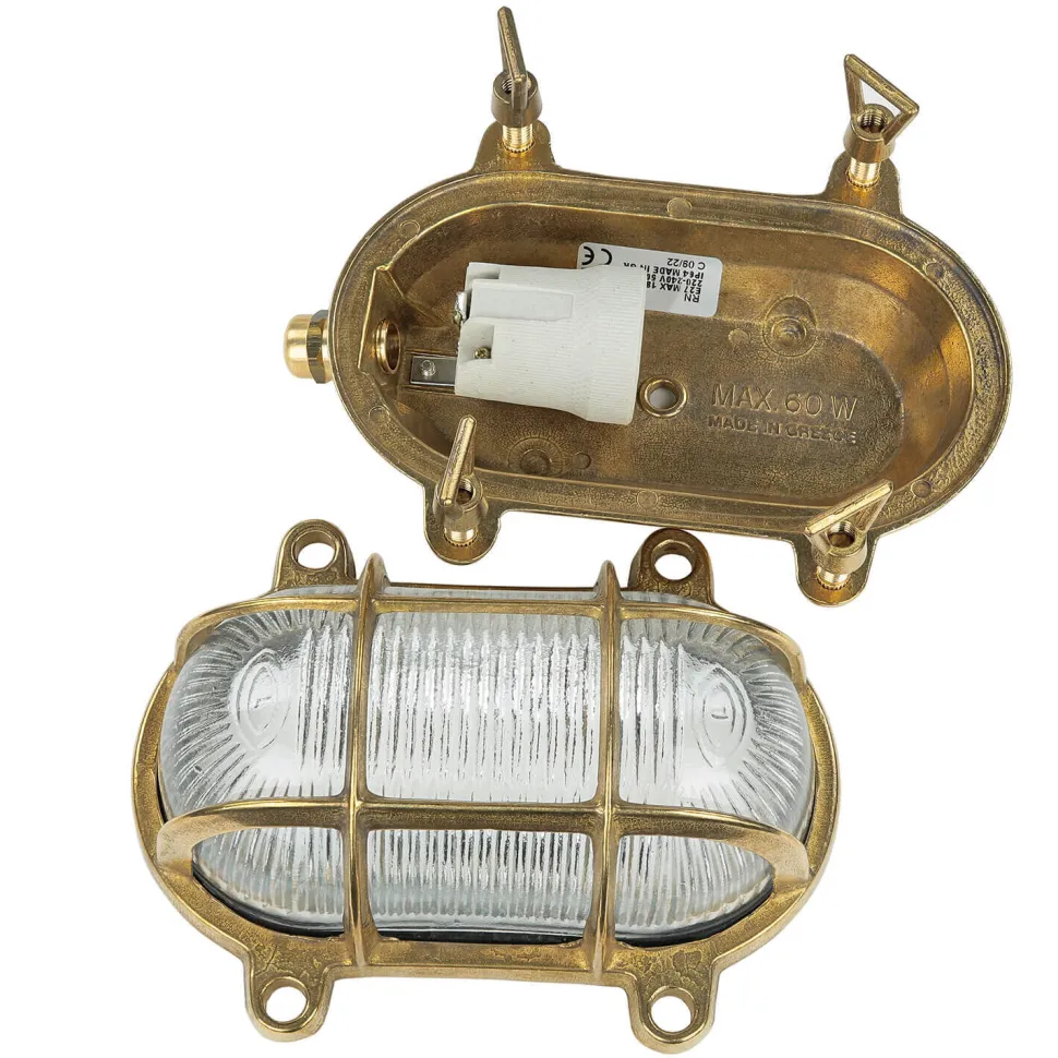 Wandleuchte Messing Riffelglas IP64 oval Maritim