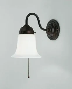 Wandleuchte mit Zugschalter Messing Antik Glas T:22 cm