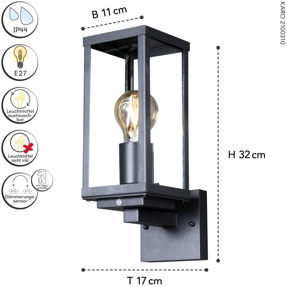 Wandleuchte Vintage Aluminium Schwarz H:32 cm IP44 E27