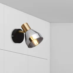 Wandspot E14 Glasschirm in Schwarz Rauchgrau Messing