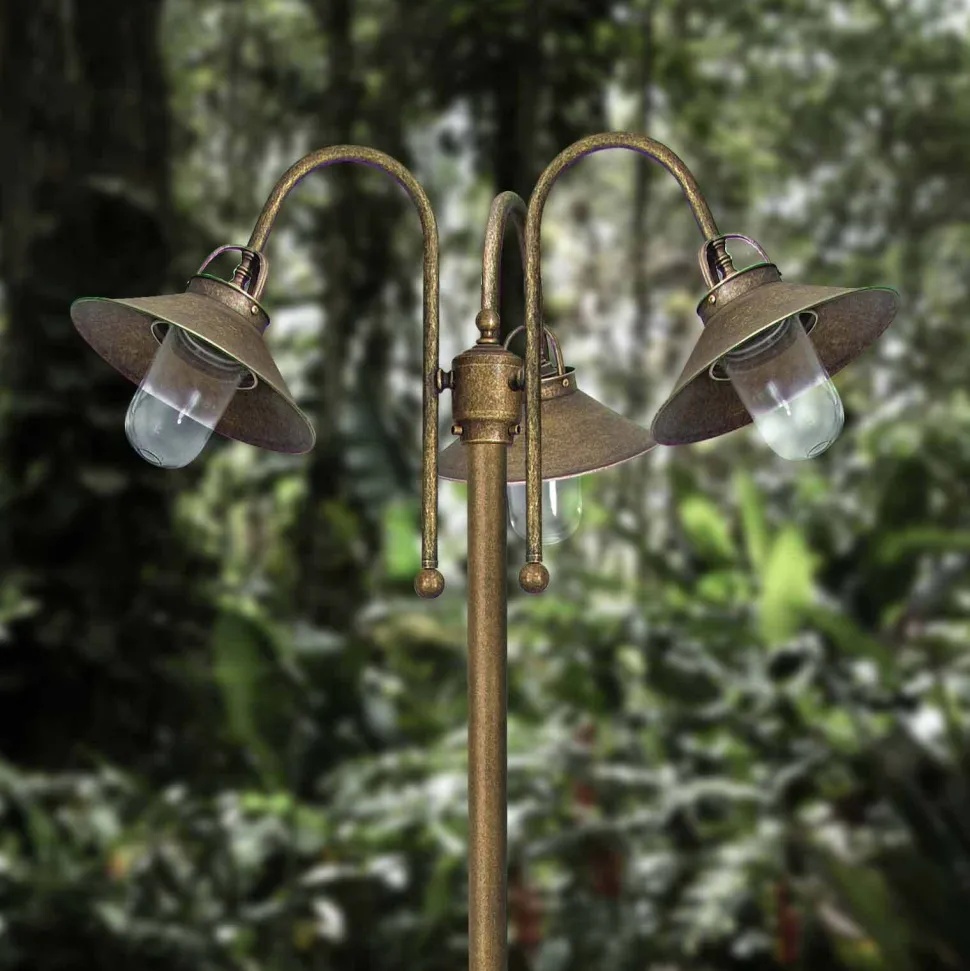 Wegeleuchte groß 2,1 m Messing Glas IP44 3-flammig E27