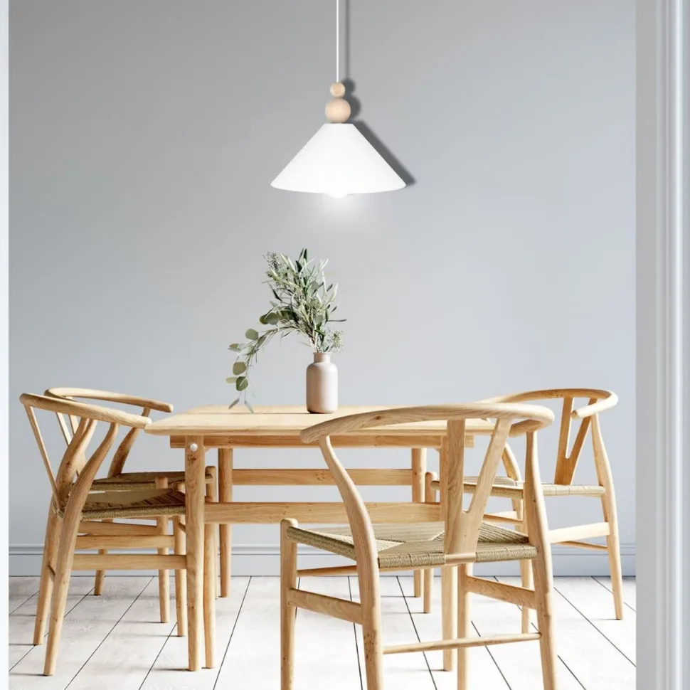 Weiße Hängeleuchte Holz Metall Ø26 cm rund E27 wohnlich