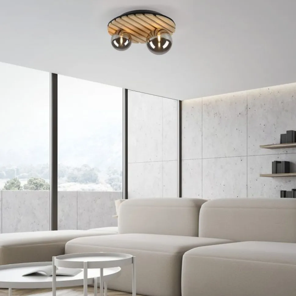 Wohnliche Deckenlampe Glaskugeln Holz G9 Ø38,5 cm Natur